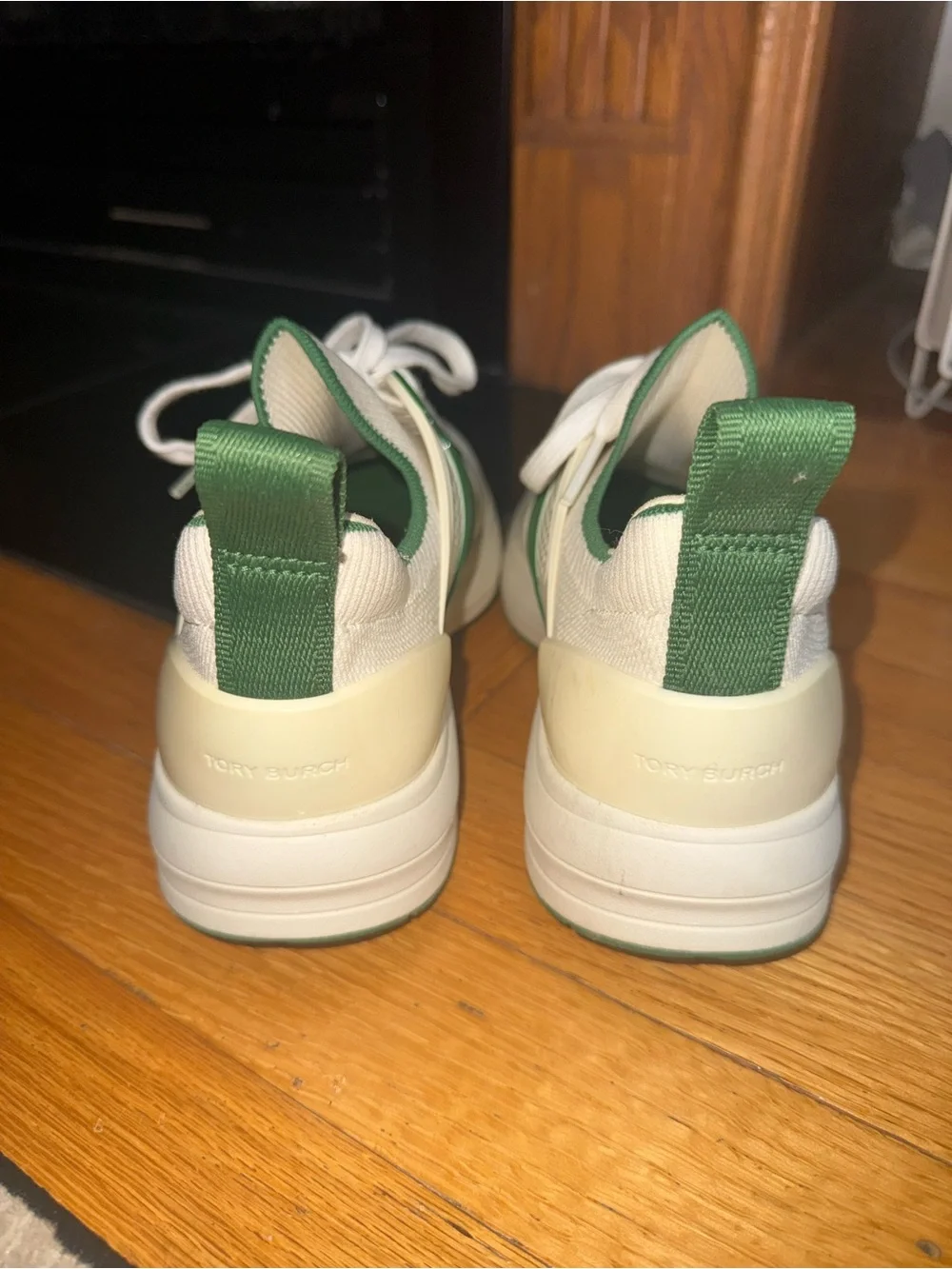 Tory Burch White Knit Sneakers with Green Trim